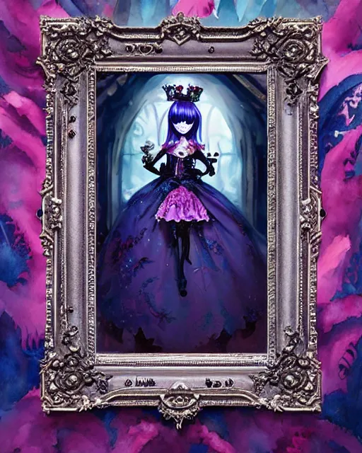 Image similar to baroque bedazzled gothic royalty frames surrounding a watercolor portrait of monster high draculaura doll, stephen bliss, unreal engine, by greg rutkowski, loish, rhads, makoto shinkai and lois van baarle, ilya kuvshinov, rossdraws, global illumination, radiant light, detailed and intricate environment, watercolor lighting