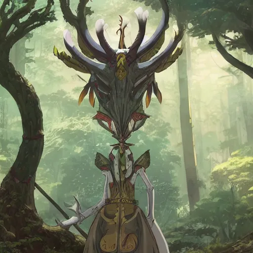 Prompt: concept art painting of an anthropomorphic dragon king with robes, a long neck, and horned skull mask, in a deep forest, cel shaded, in the style of makoto shinkai and james gurney and studio ghibli and moebius