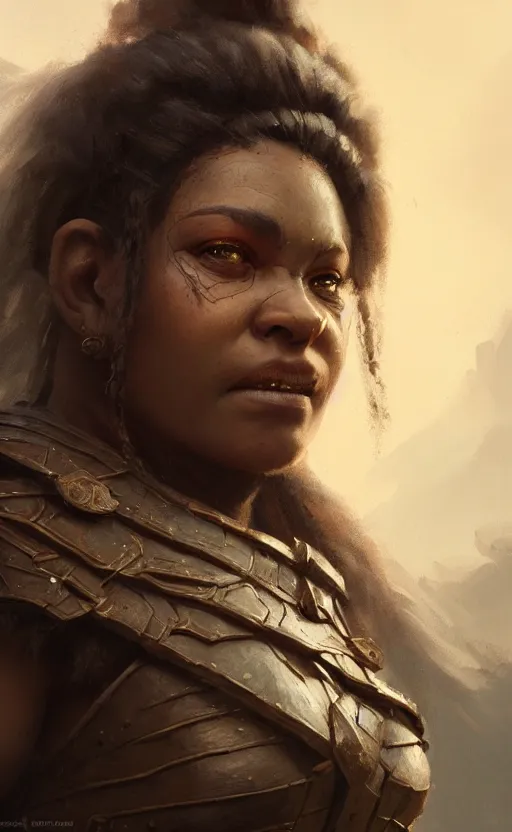 Prompt: masterpiece closeup portrait of a Dwarven woman with dark black skin, brown eyes, wearing armor, by Greg Rutkowski, 4k, matte painting, dungeons and dragons, detailed