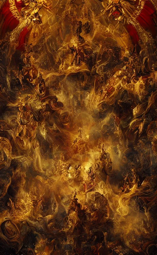 Image similar to 'Deamons Invade The Holy See' by István Sándorfi royally decorated, whirling smoke, embers, gold encrustations , gilt silk torn fabric, radiant colors, fantasy, perfect lighting, studio lit, micro details,