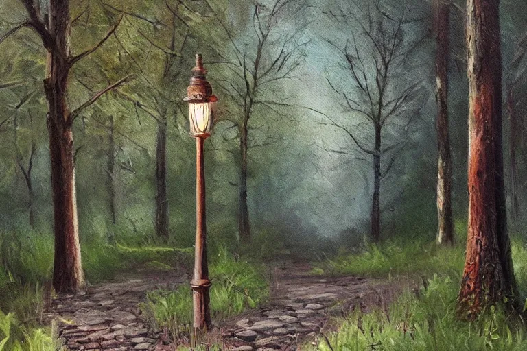 Prompt: vintage iron lamp post in the forest in the spring. Cinematic, dark, hiking trail. Intricately detailed oil painting