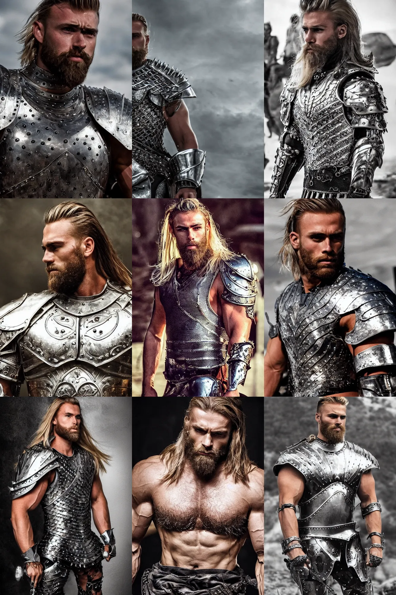 Prompt: scarred gigachad with slick blonde beard, straight hair, huge glistening muscles, wearing intricate silver armour. hollywood action movie still. cinematic lighting.