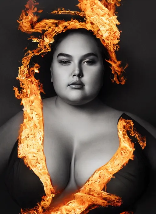 Image similar to sculpture made of fire, portrait, plus size model, overweight, chubby, big beautiful woman future, torch, flame, harper's bazaar, vogue, fashion magazine, intricate, concept art, close up, ornate, luxury, elite, elegant, trending on artstation, by ruan jia, by Kenneth Willardt, by ross tran, by WLOP, by Andrei Riabovitchev