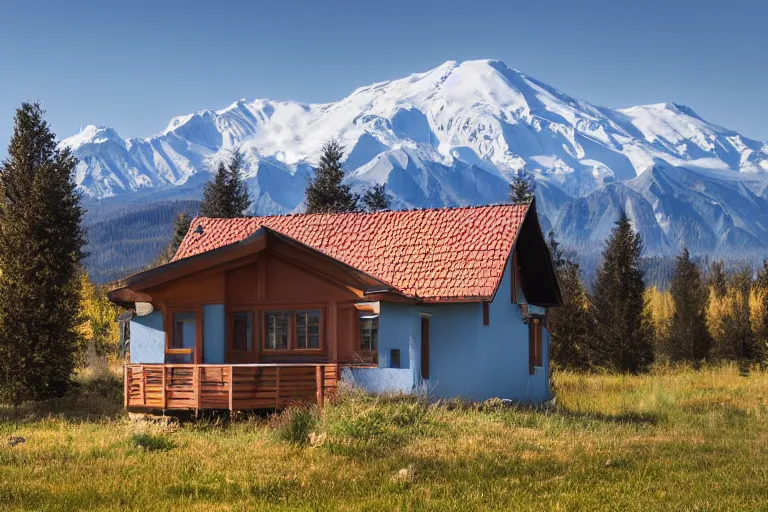 Image similar to architecture photo modern fachwerk house cottage settlement with Elbrus mountain on the background, architecture, photorealism 8k , high details