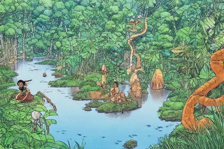 Image similar to sri lankan river and jungle, drawn by hayao miyazaki