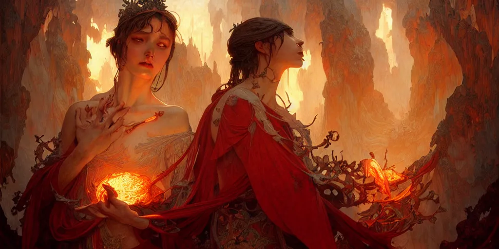 Prompt: a beautiful illustration of dante's inferno, intricate, sharp focus, illustration, highly detailed, digital painting, concept art, matte, art by wlop and artgerm and greg rutkowski and alphonse mucha, masterpiece