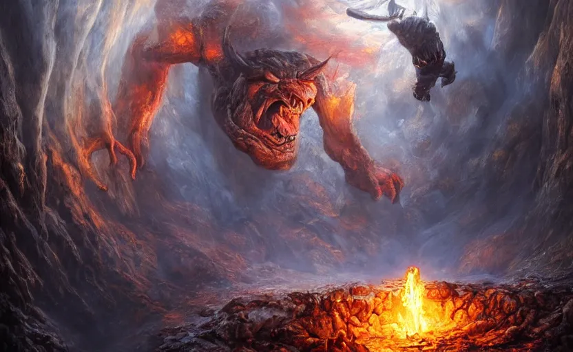 Image similar to a hyper-realistic oil painting of Balrog in the caves of Moria; swirling sheets of light and fire; hyper-detailed; an extraordinary masterpiece!!!; flawless; trending on artstation