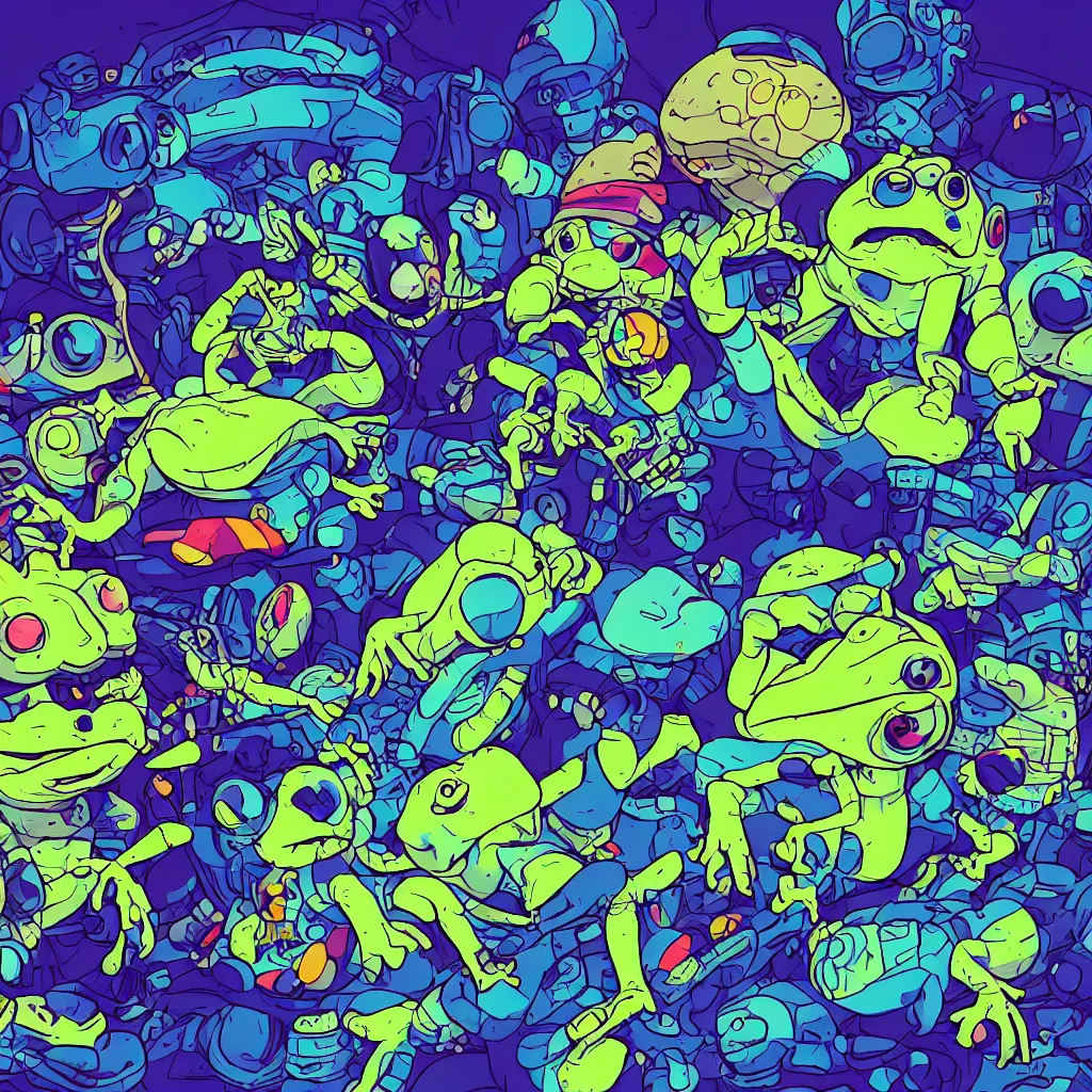 Image similar to toads, deconstructed amphibian, ryuta ueda artwork, breakcore, style of jet set radio, y 2 k, gloom, space, cel - shaded art style, indigo rainbow, data, minimal, code, cybernetic, dark, eerie, cyber