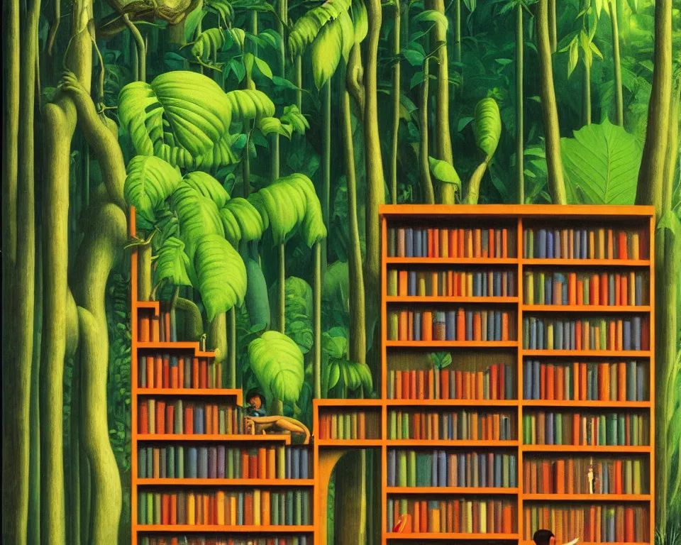 Image similar to a bookshelf in the rainforest by raphael, hopper, and rene magritte. hyperdetailed, proportional, romantic, enchanting, achingly beautiful, graphic print, trending on artstation.