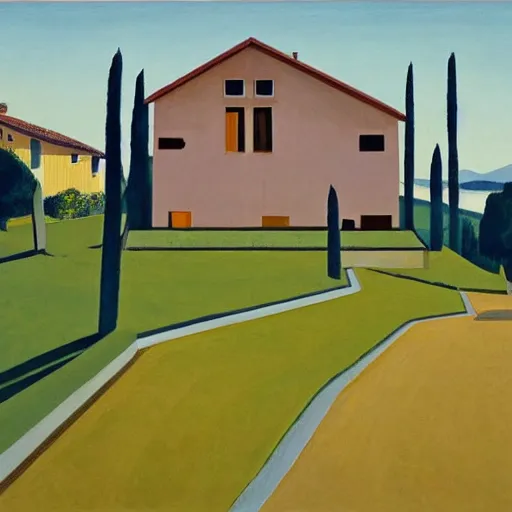 Prompt: solarpunk dreaming a toscana landscape with curious modern houses, painted by Alex Katz, highly detailed