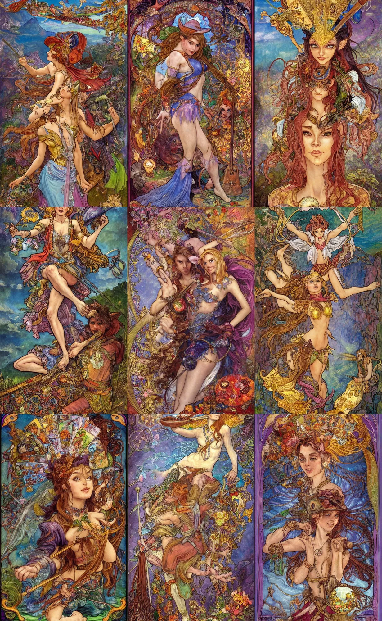 Prompt: the fool tarot card rider waite, cliff on right side of image and hobo fairy with bindle in topright quadrant of image, magic realism, fantasy, whimsical, art by josephine wall, art by pamela colman smith, league of legends splash art, art by artgerm, art by alphonse mucha, trending on artstation