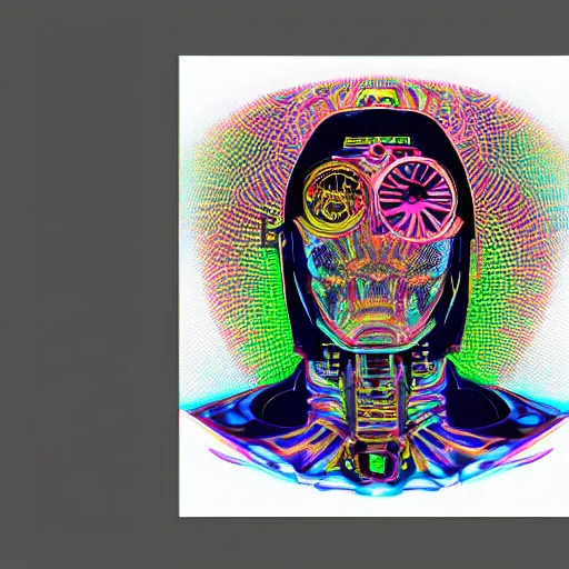Image similar to mockup of a black tshirt with a hyperdetailed portrait of a steampunk robot by alex grey, 8 k, symetrical, flourescent colors, happy trippy mood, multicolored,