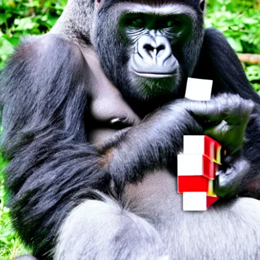 Image similar to a gorilla solving a rubix cube