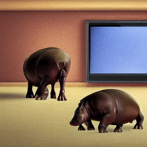 Image similar to a baby hippo lives in a cozy house. it likes to watch tv in the family room. digital art.