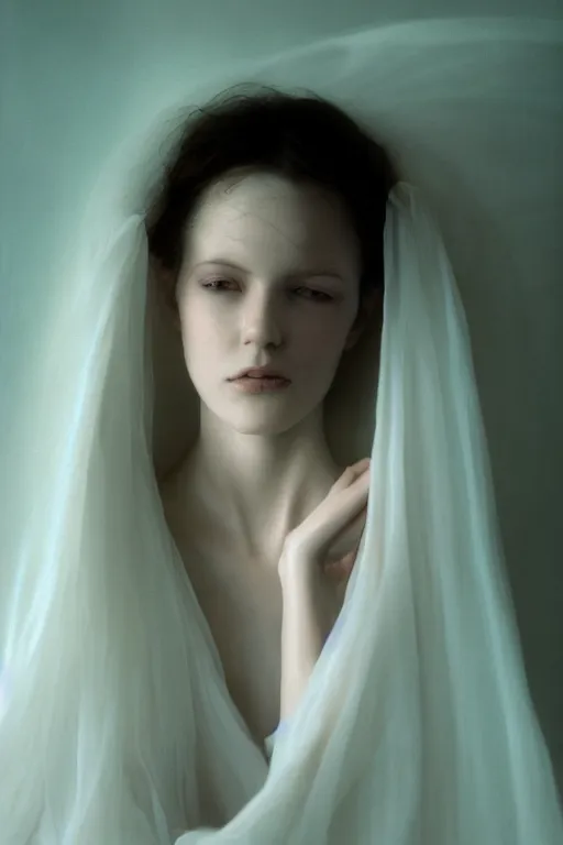 Image similar to kodak portra 4 0 0 long exposure photo portrait of a beautiful woman, dreaming in style of antoine d'agata and andrei tartovsky, dressed a long white, elegant, highly detailed, sharp focus, octane render, ethereal, otherworldly colors, atmospheric, soft light, dreamy, volumetric lighting unreal engine, epic fantasy