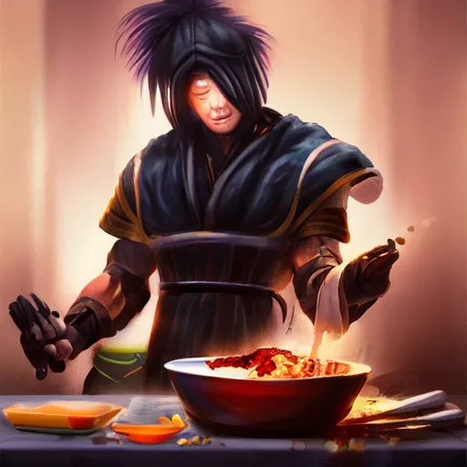 Prompt: Raiden Shogun cooking food, digital art, artstation, 4k, trending