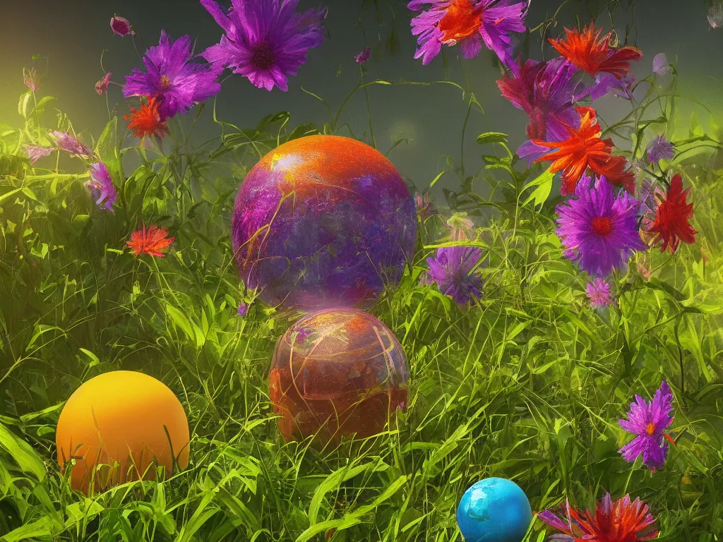 Image similar to sunlight study, wildflower undergrowth within the orb, art nouveau, by jan davidz de heem and ( ( ( ( ( lisa frank ) ) ) ) ), 8 k, sharp focus, octane render, kauai