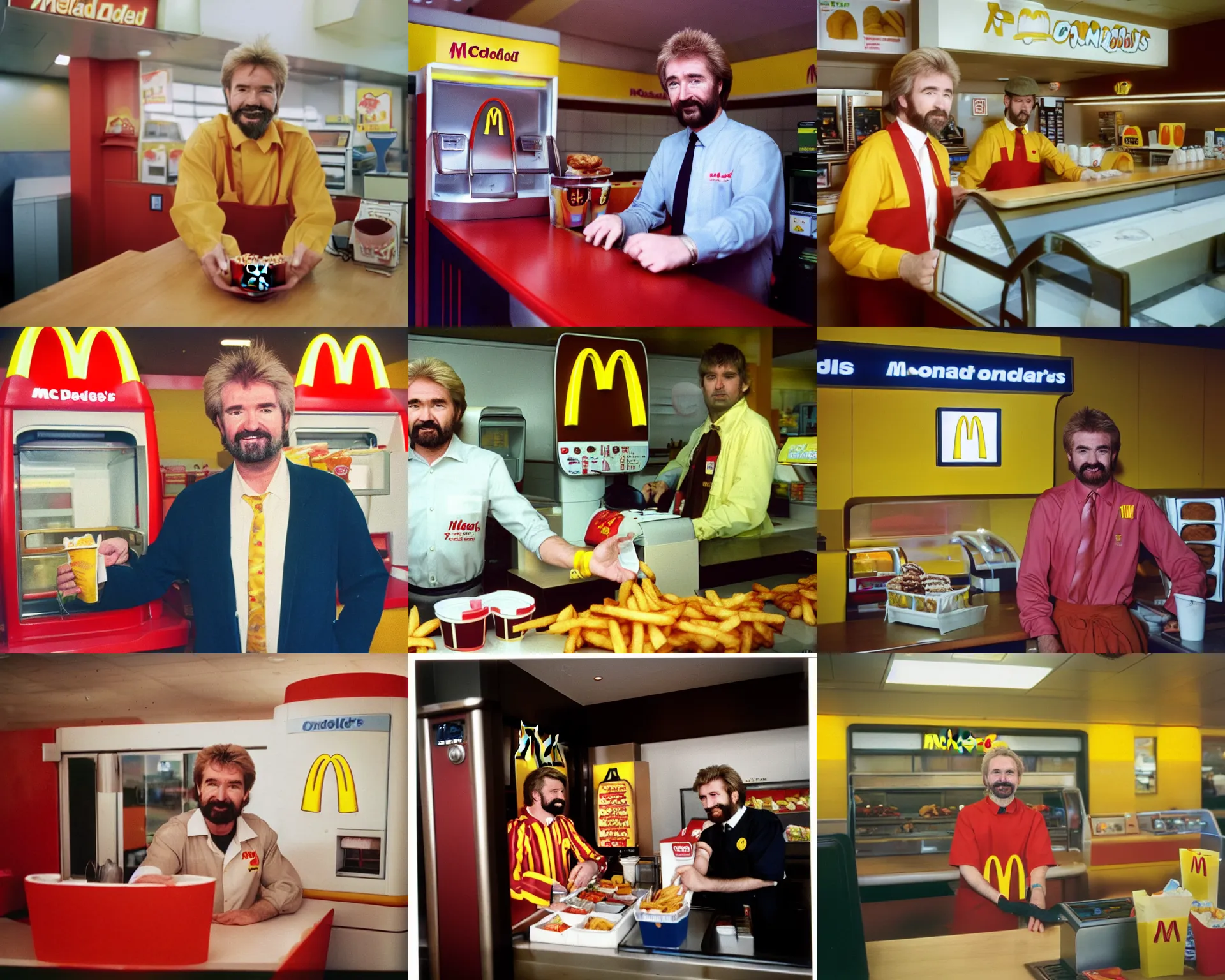 Prompt: noel edmonds wearing mcdonalds brown uniform, behind the counter at mcdonalds asking if you want fries with that, portra 4 0 0