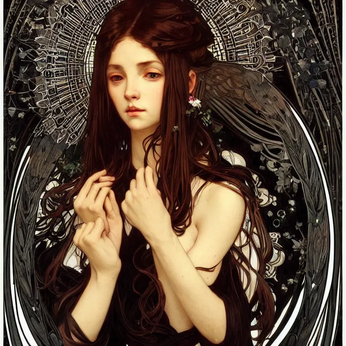 Image similar to A portrait of A beautiful! angel in black flames!! by Ross Tran!!! and alphonse mucha and greg rutkowski! and gustav doré!,In style of digital art illustration.Symmetry.Highly detailed face.Fantasy,smooth,hyper detailed,sharp focus,Soft light.trending on artstation.4k