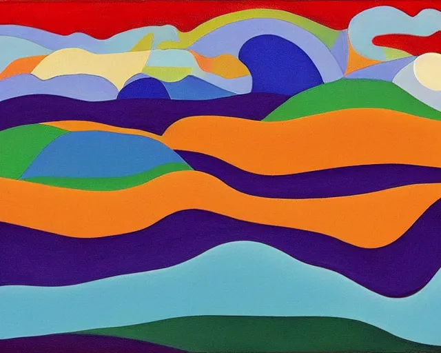 Image similar to A wild, insane, modernist landscape painting. Wild energy patterns rippling in all directions. Curves, organic, zig-zags. Saturated color. Mountains. Clouds. Rushing water. Wayne Thiebaud. Tarsila do Amaral. Zao Wou-ki.