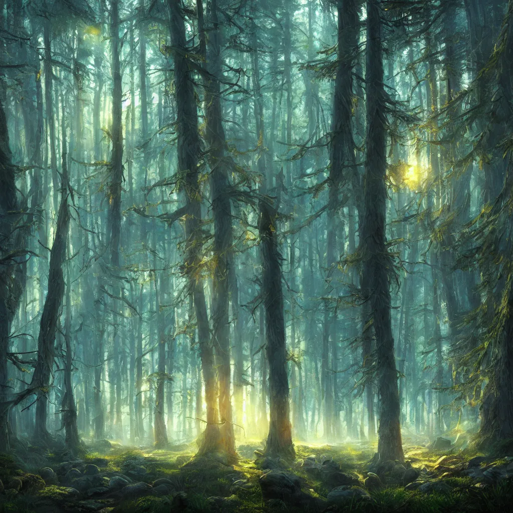 Image similar to detailed fantasy painting of a boreal forest at dawn ultra realistic , lens flare, atmosphere, glow, detailed, intricate, full of colour, cinematic lighting, trending on artstation, 4k, hyperrealistic, focused, extreme details, cinematic, masterpiece