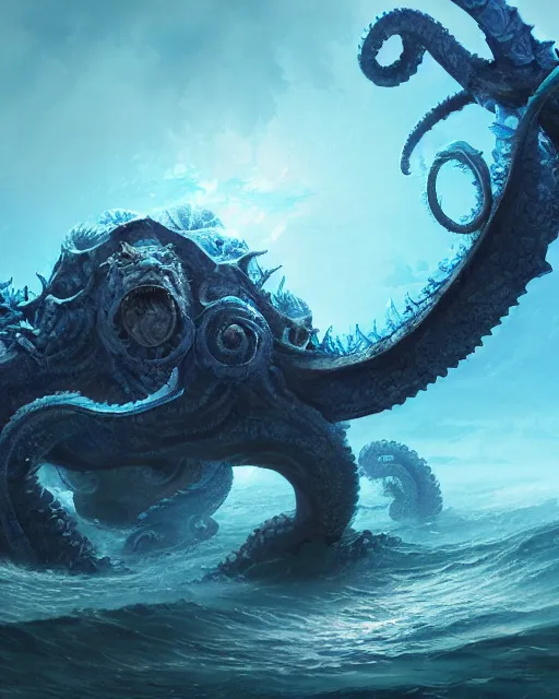 Image similar to A blue Kraken in the sea, highly detailed, fantasy art, female art, in the style of greg rutkowski, illustration, epic, fantasy, intricate, hyper detailed, artstation, concept art, smooth, sharp focus, ray tracing