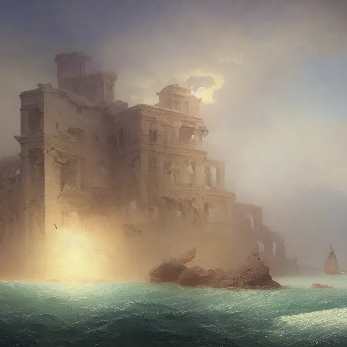 Prompt: a beautiful painting of ruins on the sea by ivan aivazovsky and zdzisław beksinski and rene magritte and greg rutkowski and james gurney, in style of digital art. hyper detailed, sharp focus, soft light. octane render. ray tracing. trending on artstation