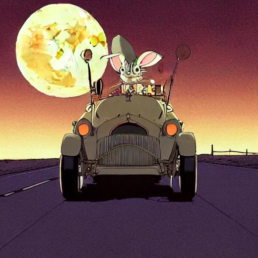 Prompt: a study of cell shaded cartoon of a mechanized hare from howl's moving castle ( 2 0 0 4 ) on a desert road, in front of a big moon, full body, wide shot, very muted colors, post grunge, studio ghibli, laurie greasley, highly detailed, deviantart, art by artgem