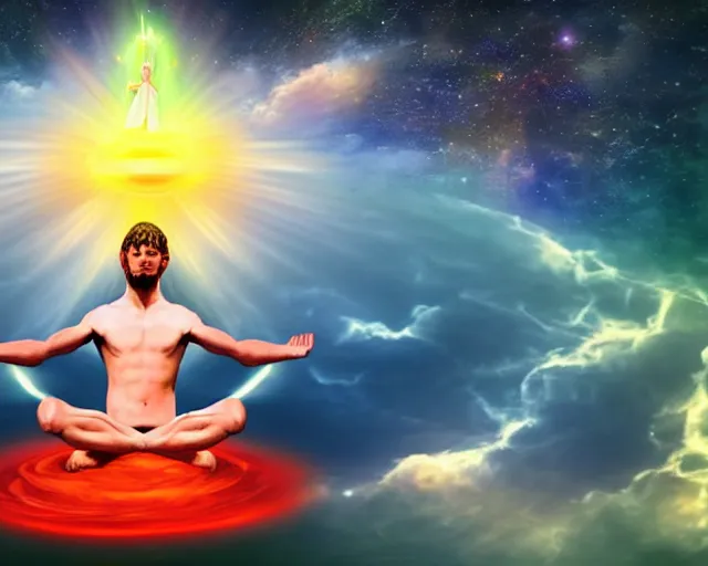 Image similar to [mind explosion]god floating down from heaven. he is meditating. inspired by meditation. [mind explosion] interdimensional teleportation
