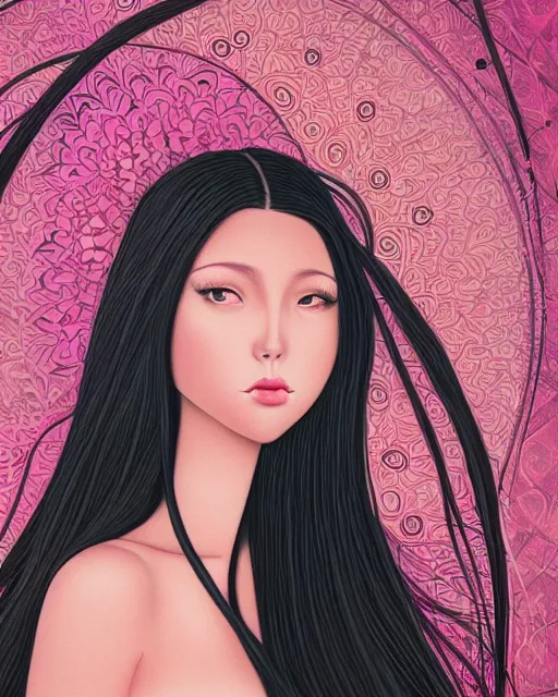 Image similar to A portrait painting of a gorgeous woman long black hair, in the style of Audrey Kawasaki, octane render, highly detailed