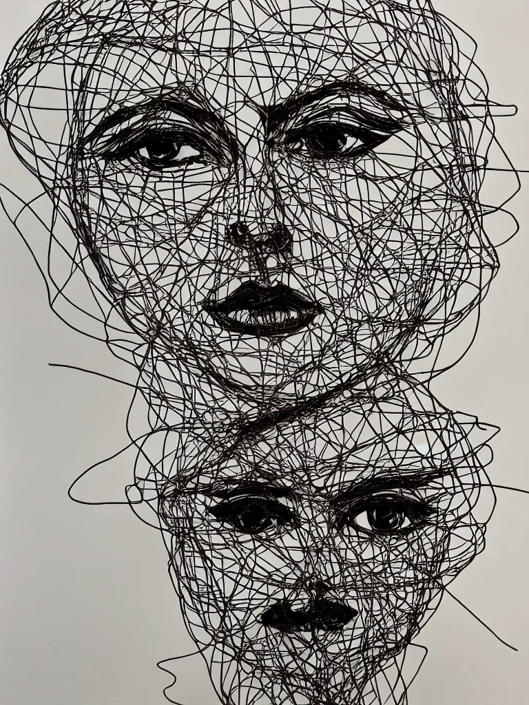 Prompt: beautiful elegant hanging thick metal wire art of a symmetrical and expressive female human face, influenced by gejza schiller portraits
