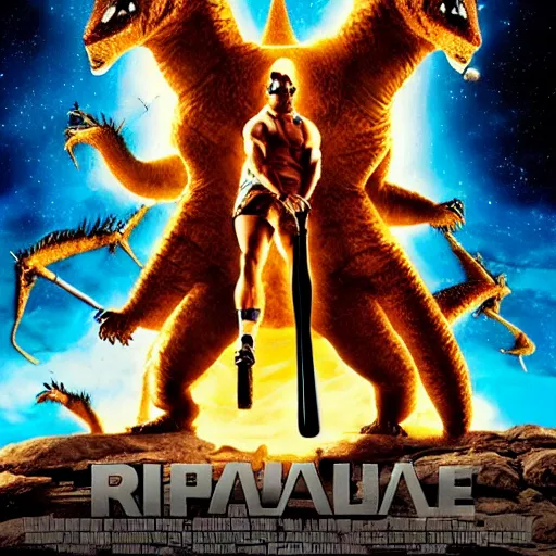 Image similar to movie poster of dwayne johnson with a baseball bat fighting king ghidorah outside a space station