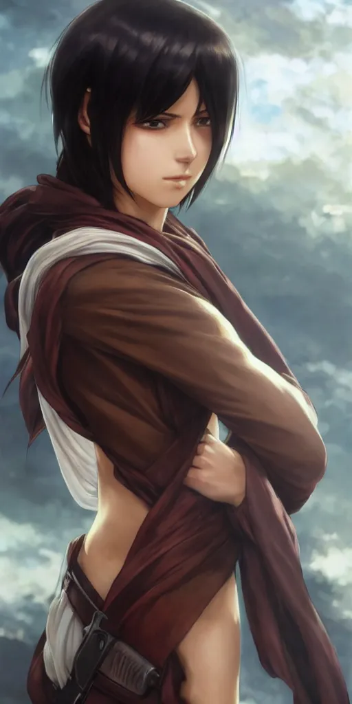 Image similar to mikasa ackerman, hero pose, medium shot, bokeh, beautiful face!!!!, 2 7 years old, cg animation, lifelike, animated, realistic, character select portrait, by artgerm, greg rutkowski, alphonse mucha, 3 d