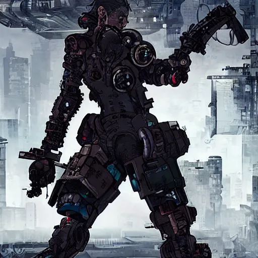 Prompt: a post-apocalyptic cyberpunk grimdark cyborg in the style of leonard boyarsky in the style of Yoji Shinkawa detailed realistic HD 8k High Resolution