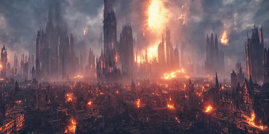 Image similar to gothic medieval cyberpunk city, giant explosion, fire, trail of smoke, high quality, detailed, 8k, unreal engine, octane render, trending on artstation