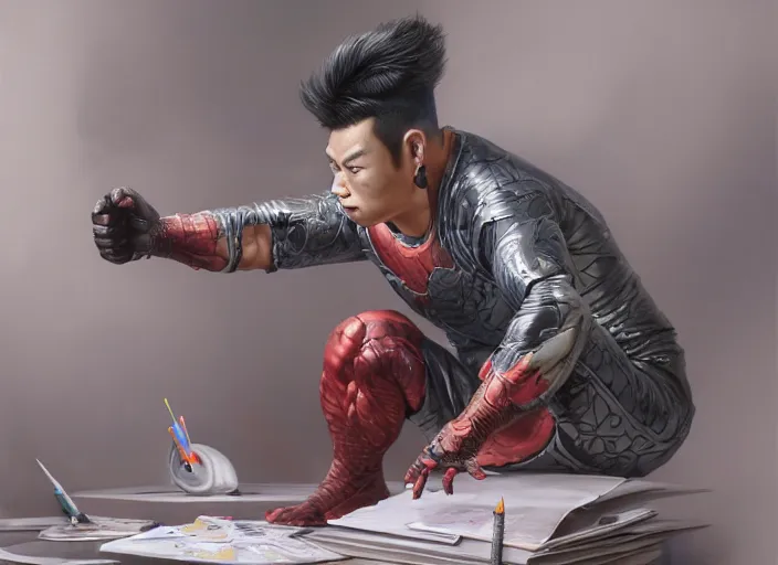 Image similar to an insanely detailed and realistic painting of an asian man wearing a homemade superhero costume, sitting at a desk, staring seriously at the computer and typing, in the style of peter mohrbacher, james jean, artgerm, dramatic lighting and composition, surreal background, octane render, pixar, trending on artstation, concept art, comic book, 8 k