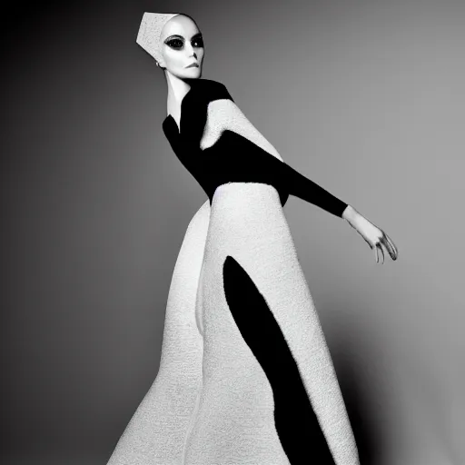 Image similar to a model dressed in an avant garde haute couture dress, angular minimalism, vogue editorial photo, sharp focus dynamic light