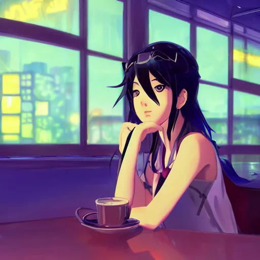 Image similar to beautiful anime painting of a woman with dark - blue hair sitting in a cyberpunk cafe, neon lights outside, by makoto shinkai, kimi no na wa, artstation, atmospheric, high detail