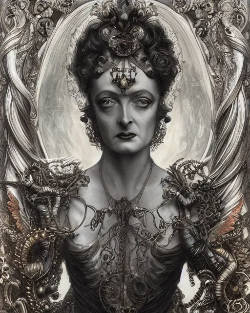 Image similar to in the style of beautiful bette davis, steampunk, detailed and intricate by jean delville, gustave dore and marco mazzoni, art nouveau, symbolist, visionary, gothic, pre - raphaelite colorful