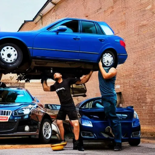 Prompt: a strong man lifting a car, the car is on top of him