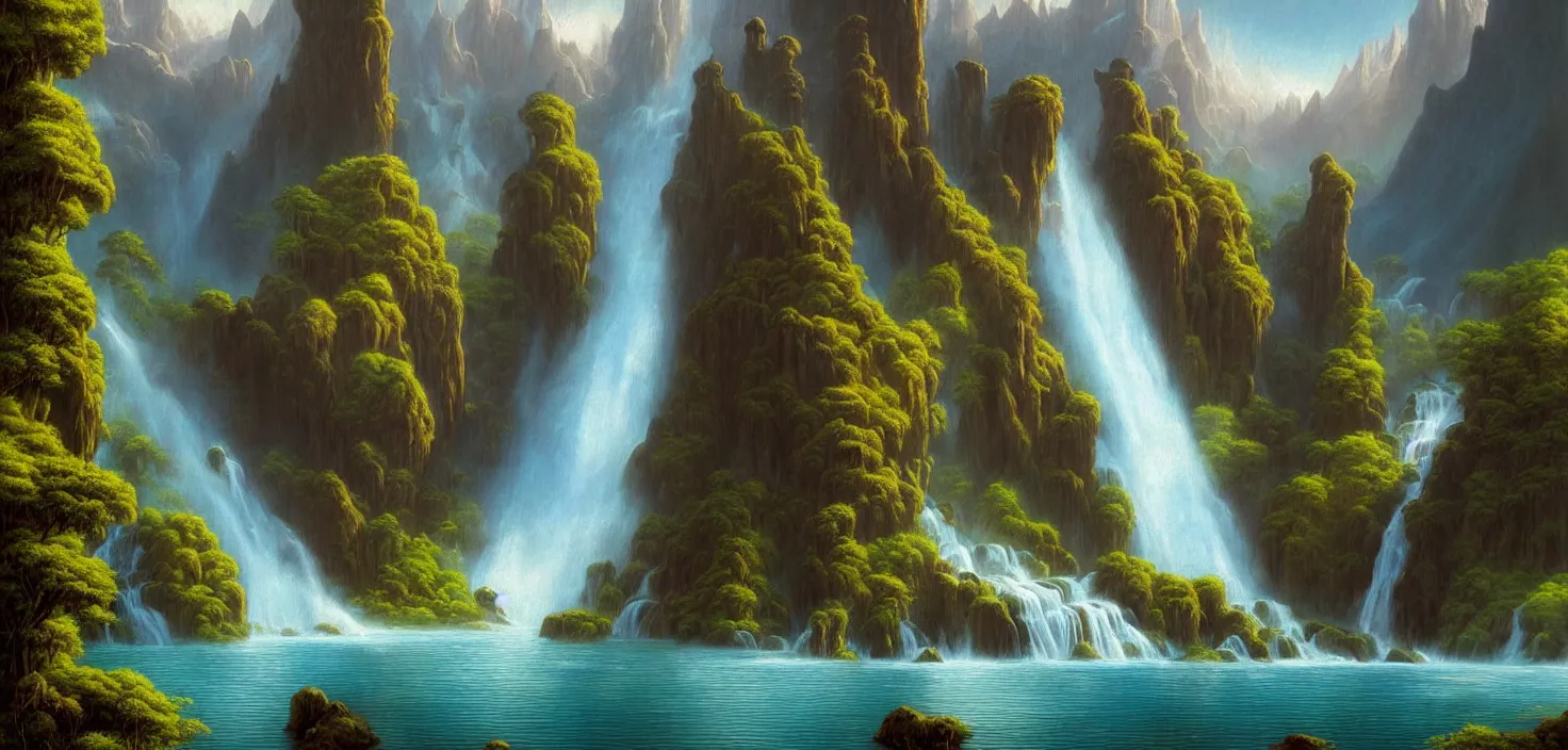 Image similar to a painting of a waterfall and a lake surrounded by mountains, a detailed matte painting by david a. hardy, featured on cgsociety, fantasy art, matte painting, 2 d game art, concept art