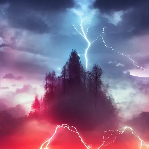 Image similar to afterlife, god, forest, angels, devil, altar, light shining from the sky, clouds, lightning, white and red environment, digital art, intricate, true to life, 4k