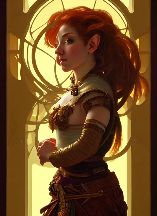 Image similar to portrait of a female dwarf - elf using the golden ratio, highly detailed, digital painting, artstation, sharp focus, illustration, art by tan zi and ayanamikodon and alphonse mucha and wlop