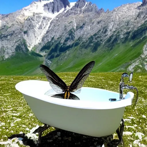 Image similar to dragonfly in a bathtub in the alps, big goat!!!!!!! in the background