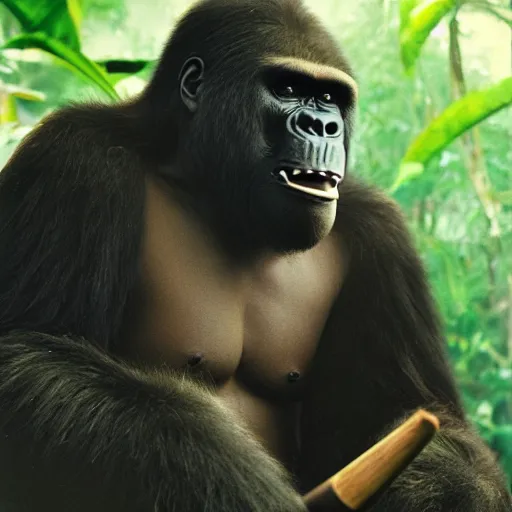 Image similar to UHD candid photo of King Kong playing drums in the jungle, with accurate face, UHD, photorealistic, correct face, real drum set, photo by Annie Leibowitz