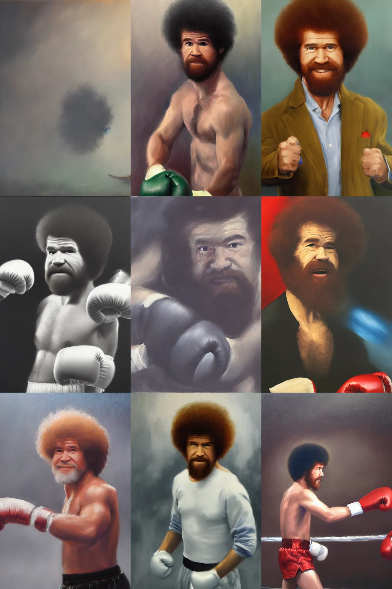 Prompt: Bob Ross in a boxing ring, Tonalism, Atmospheric oil painting, detailed, 4k, Foggy