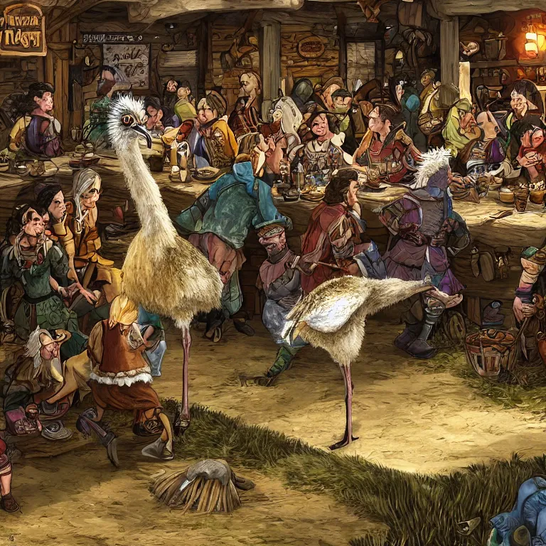 Image similar to an emu in the middle of a crowded halfling tavern, fantasy rpg book illustration