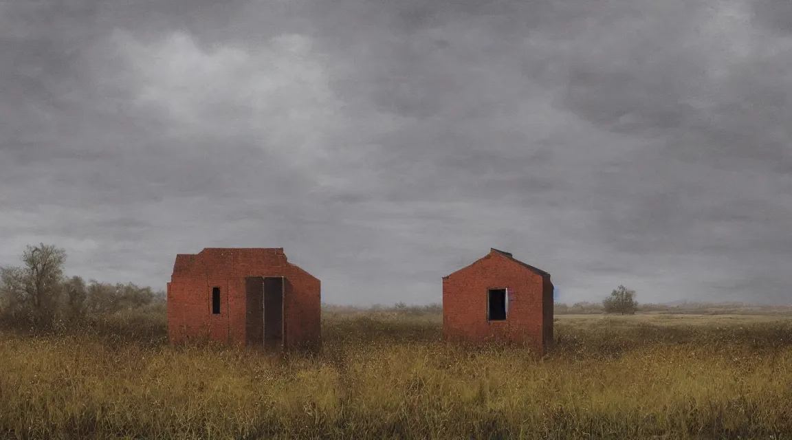 Prompt: painting of an abandoned building in an open landscape by lee madgwick