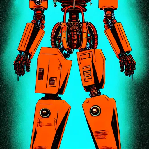 Image similar to a full body character design angus mckie tim doyle, laurie greasley. fiery flaming grungy industrial faceless humanoid anatomical mech robot heroic!! fire!! bold outline sharp edges. ultra clear detailed. 8 k. elegant, neon colors, dynamic angle, intricate complexity, epic composition, symmetry, cinematic lighting masterpiece