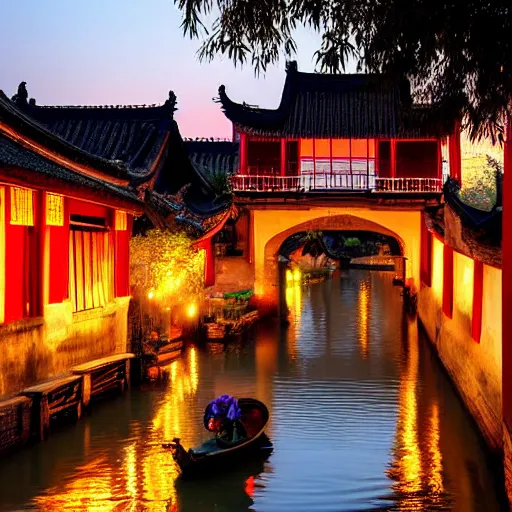 Image similar to evening water town in the south of china, zhouzhuang ancient town, sunset glow, super realistic photo